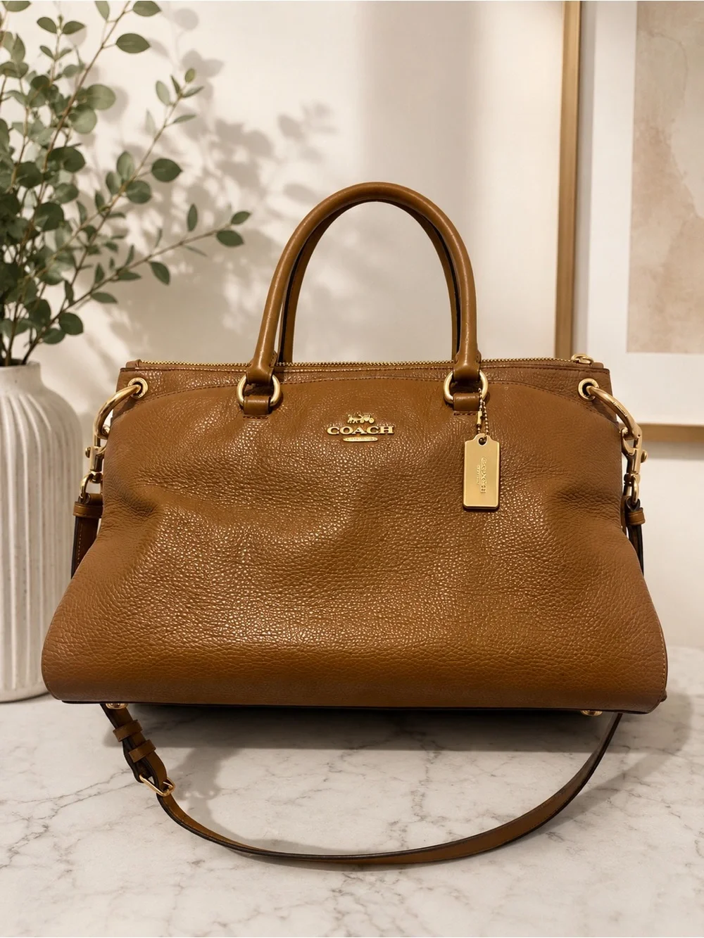 Coach Pebbled Leather Satchel in Saddle/Tan with Gold Hardware